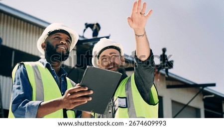 Men, engineer and tablet with advice at construction site for review, inspection and progress report. People, team and architect with discussion, tech and app in low angle for real estate development