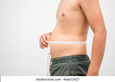 Men with excess fat on the abdomen isolated on white background