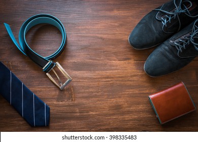 Men Fashion Accessories. Men Wallet, Belt, Shoes And Tie. Still Life. Business Look.