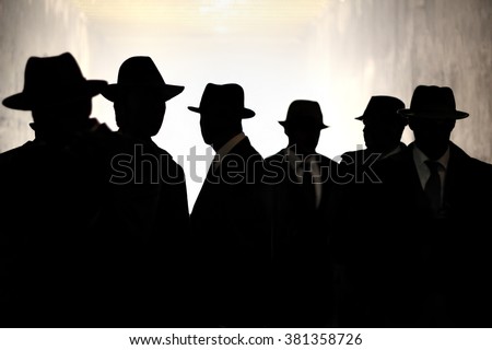 Men Fedora Hats silhouette. Security, Privacy, Surveillance Concept.