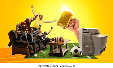 Men, friends enjoying soccer game, sitting on sofa, drinking beer and emotionally watching match against bright yellow background. Concept of sport, tournament, support, games, emotions - Powered by Shutterstock