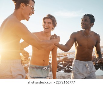 Men, friends or handshake on sunset beach in energy game, community or excited freedom. Smile, happy or bonding shaking hands in travel vacation, social gathering laugh or diversity holiday fun - Powered by Shutterstock