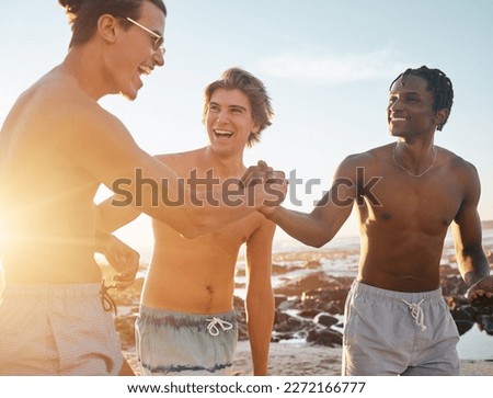 Men, friends or handshake on sunset beach in energy game, community or excited freedom. Smile, happy or bonding shaking hands in travel vacation, social gathering laugh or diversity holiday fun