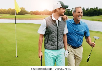 Men, golf and walking on green for tee off in morning as members in club for health, wellness or business. Male people, putter and hole for sports, exercise or meeting as partner in company for deal - Powered by Shutterstock