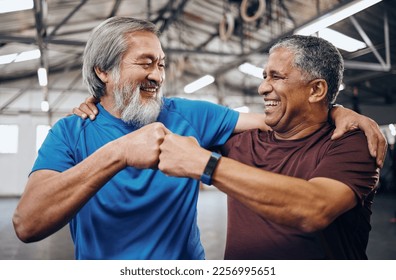 Men, gym and training with fist bump, smile and teamwork motivation for diversity, friends hug or happiness. Senior fitness partnership, asian and black man for mma workout, exercise or team building - Powered by Shutterstock