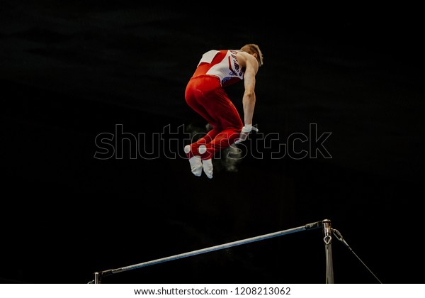 Men Gymnast Flips Dismount Horizontal Bars Stock Photo Edit Now 1208213062