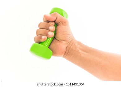 Men Hand Holding Green Dumbell For Exercise  