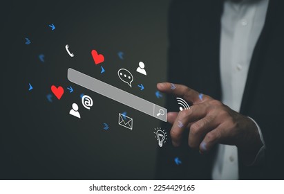 Men hand pointing finger and reach out for contact for customer service or purchase order from online shopping. Global marketing that allow business to connect with insight customer data. - Shutterstock ID 2254429165