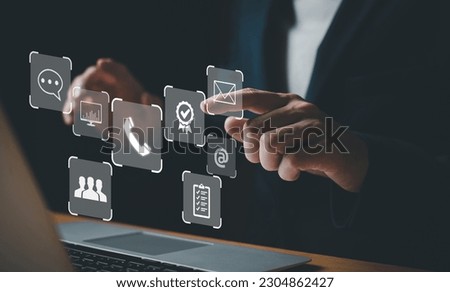Men hand pointing finger and reach out for contact for customer service or purchase order from online shopping. Global marketing that allow business to connect with insight customer data