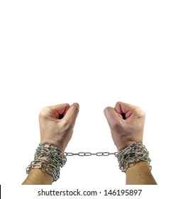 men and Hands with chains around them on white background