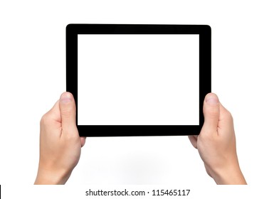 Men hands hold a tablet touch pad computer gadget with isolated screen