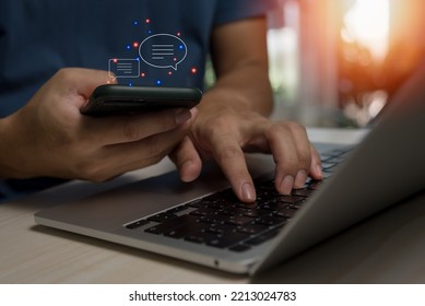 Men Hands Using Mobile Phone Typing Live Chat Chatting And Social Network. Chatting Application Working In Chat Box Icons.Social Media Marketing Technology Concept.