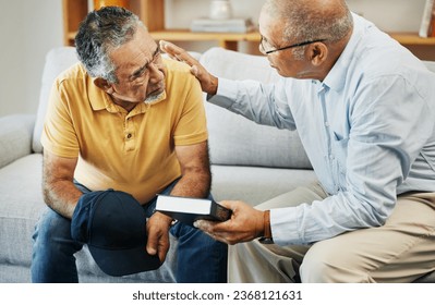 Men, home and bible with support for faith, worship and prayer by pastor, church or jesus christ. Elderly men, diversity and spiritual guidance for grief with loss and depression with hope in god