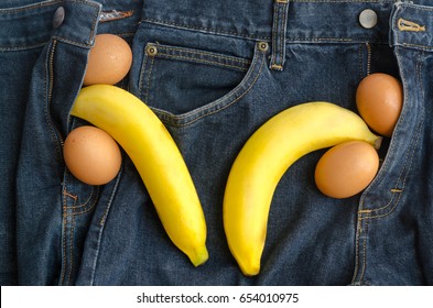 Men Jean With Big Banana And Egg In Gay Couple Sexual Concept.Homosexual Concept.