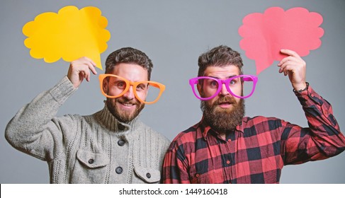 Men joking. Share opinion speech bubble copy space. Comic and humor sense. Men with beard and mustache mature hipster wear funny eyeglasses. Explain humor concept. Funny story and humor. Comic idea. - Shutterstock ID 1449160418