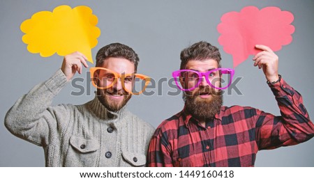 Men joking. Share opinion speech bubble copy space. Comic and humor sense. Men with beard and mustache mature hipster wear funny eyeglasses. Explain humor concept. Funny story and humor. Comic idea.