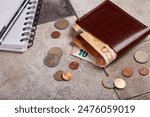 Men leather wallet with euro money coins and banknotes. Calculation of incomes and expenses. Financial literacy.