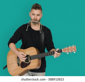 Men Musician Play Guitar Harmonica