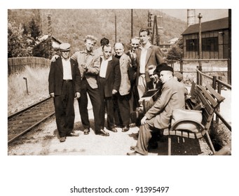men on the railway station - photo scan - about 1950