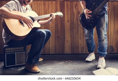 Men Play Guitar Base Music Rehearsal