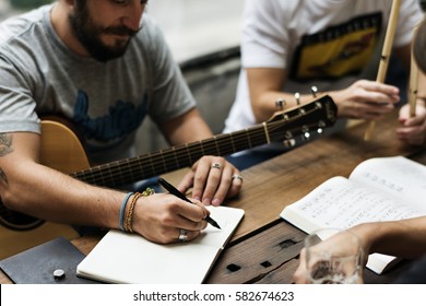 Men Play Guitar Write Song Music Rehearsal