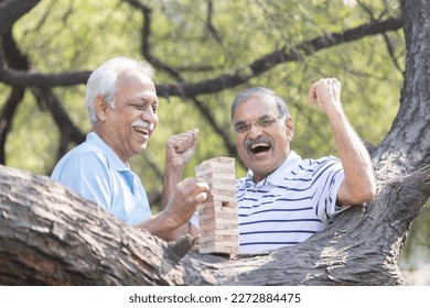 Men playing wooden blocks in park - Powered by Shutterstock