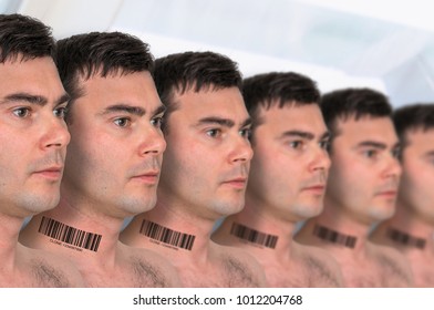 A Lot Of Men In A Row With Barcode On Neck - Genetic Clone Concept