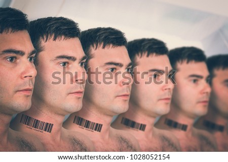 A lot of men in a row with barcode on neck - genetic clone concept - retro style