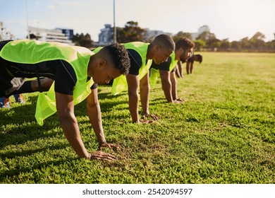 Men, rugby or grass field with push ups for fitness training, team practice or workout at outdoor stadium. Male people, group or football players with exercise, preparation or getting ready for sport - Powered by Shutterstock