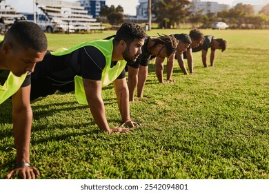 Men, rugby players or grass field with push ups for fitness training, team practice or workout at outdoor stadium. Male people, group or athletes with exercise, preparation or getting ready for sport - Powered by Shutterstock