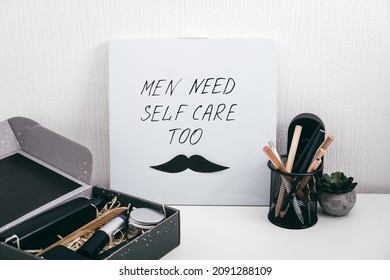 Men self care kit black box with male beauty care products and devices and letter board with text Men need self care too. Man self care package or gift box for boyfriend, husband, father or brother