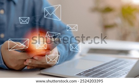 A men send emails by tablet to customers, business contacts and communication, email icons, email marketing concepts, e-mail or newsletters, and online working internet networks.