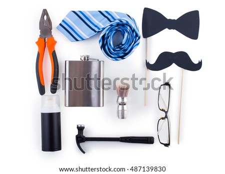 Men set for father's day. On white, isolated  background. Top view. Flat lay.