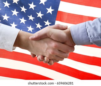 Business Handshake On American Flag Background Stock Photo 99590315 ...