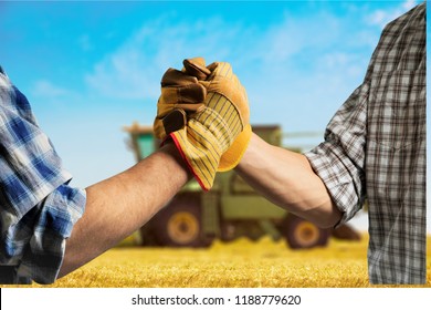 Men shaking hands in field