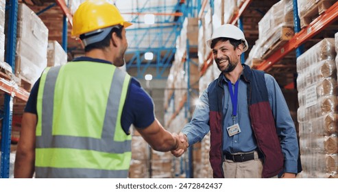 Men, shaking hands and warehouse for deal with logistics, smile and contract for global shipping company. People, handshake and happy for agreement, collaboration and supply chain for distribution - Powered by Shutterstock