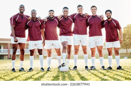 Men, sports and portrait of a rugby team on a field for stretching, training and fitness exercise. Athlete group people train for teamwork, competition game and diversity with workout and performance - Powered by Shutterstock