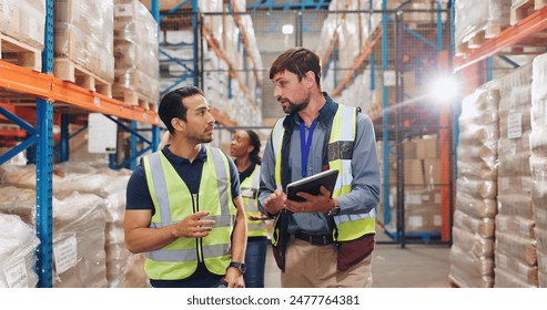 Men, tablet and inspection for stock in warehouse with teamwork, inventory check and logistics business. Quality assurance, tech and team discussion in factory for export industry and ecommerce store - Powered by Shutterstock