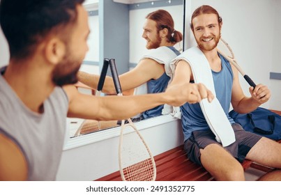 Men, team and fist bump for sports, fitness and game in competition as collaboration and motivation. Athlete, cooperation and hand touch for squash, exercise and thank you together in locker room - Powered by Shutterstock