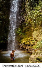 Men At Toraille Waterfal Saint Lucia, Man At Waterfall In St Lucia