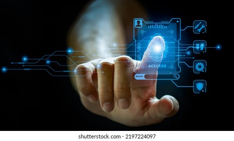 Men, touchscreen network security icon and privacy lock to protect data Internet network security technologies and the use of virtual screen interfaces to protect personal information on a digital 