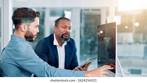 Men, trading and computer screen with tablet, talking and review at office with partner for stats. People, graphs and fintech app for feedback with profit, revenue and monitor at investing agency