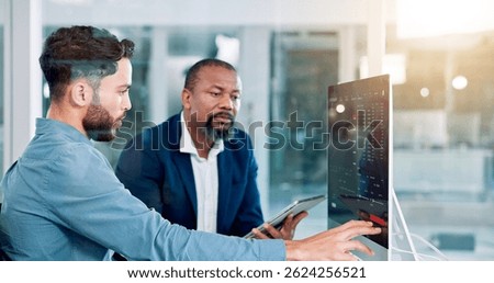 Men, trading and computer screen with tablet, talking and review at office with partner for stats. People, graphs and fintech app for feedback with profit, revenue and monitor at investing agency