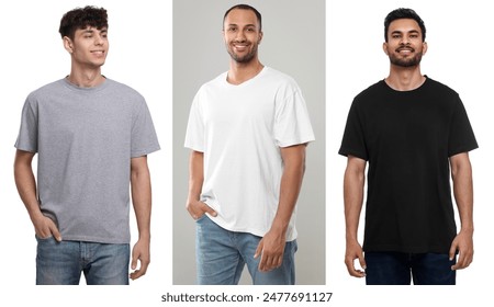 Men in t-shirts on different color backgrounds. Collage of photos - Powered by Shutterstock