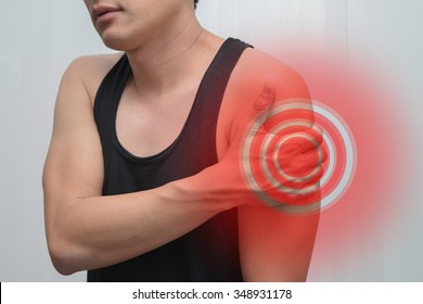 Men Upper Arm Pain And Red. Concept Of Pain More.