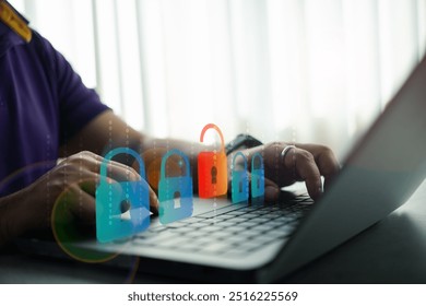 Men use computer identification to access data, and unlock digital padlock. Access digital data. Cybersecurity concept, user privacy security and encryption, Internet network data protection
