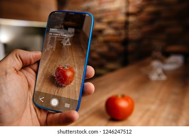 Men Using Artificial Intelligence On Smart Phone With Augmented Reality Application For Recognizing Food