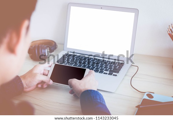 Men Using Phone On Working Desk Stock Photo Edit Now 1143233045