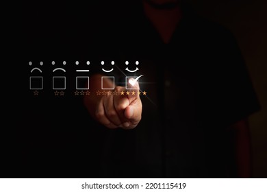 Men using virtual screen give satisfaction customer positive. give rating service 5 star, concept review feedback choose a quality user smile. copy space