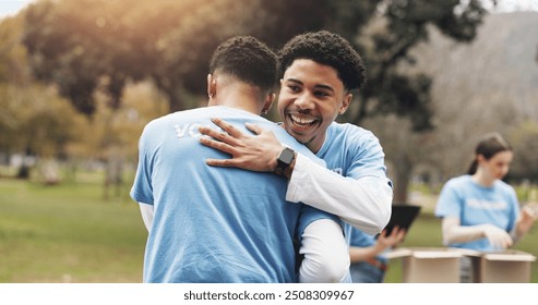 Men, volunteer and people hug in park together for solidarity, support or sustainability at green ngo. Gratitude, nature and friends in embrace for teamwork, community care or social responsibility - Powered by Shutterstock